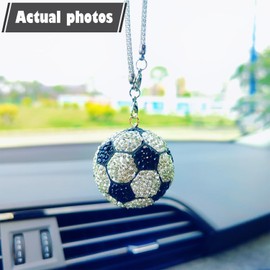 Starupway Bling Football Rear View Mirror Accessories, Cute Soccer Car Accessories for Women/Men, Sparkling Rhinestones Car Decorations Rearview Mirror Charms