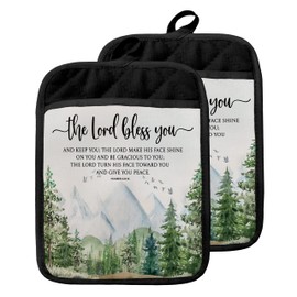 GOOZHO Christian Pot Holders with Pockets, The Lord Bless You and Keep You Bible Verse Religious Oven Pot Holders Heat Resistant Oven Mitts Hot Pads for Kitchen Baking Cooking