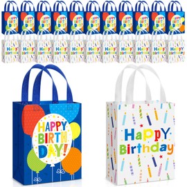 Teenyyou 24 Pcs Happy Birthday Gift Bag Non Woven Wrap Bags with Handle Large Birthday Tote Bags for Goodies 10.2 x 8.3 x 3.9 Inch Reusable Birthday Party Gift Bags for Girls Boys Women Men