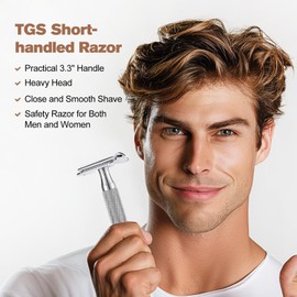 TGS Men's Double Edge Safety Razor with Thick Short Handle, Single Blade Razor with 10 Razor Blades, Portable Travel Size, Chrome Finish, Smooth Closed Shave, Reusable Razor（Silver）
