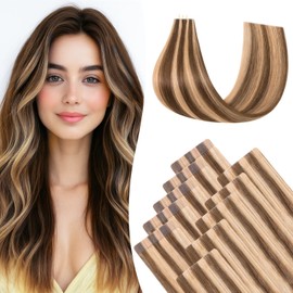 tesshair Injected Tape in Hair Extensions Human Hair 10 Pcs Invisible Skin Weft Remy Real Hair Extension Tapes Natural Tape Extensions for Women Girls(Medium Brown Mix Dark Blonde, 20g) - 10Inch