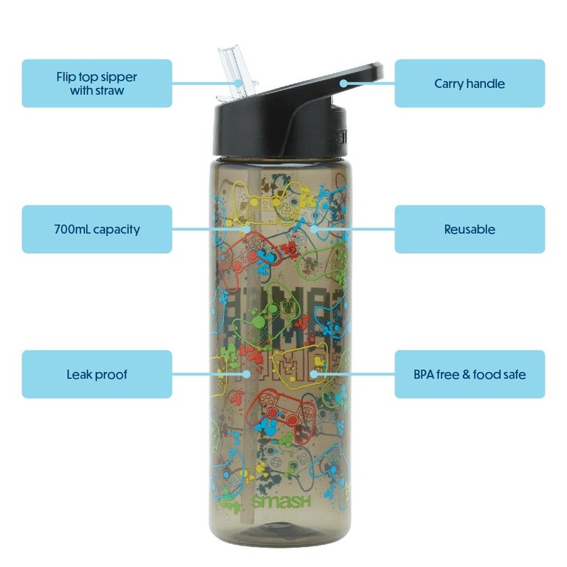 Smash Gamer Water Bottle with Straw 700ml, Black, Balck