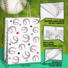 JOYGATHER 24 Pcs Baseball Party Favors Bags with Handles, Baseball Goodie Bags, Gift Bags, Candy Bags with 3 Different Types, Baseball Kraft Paper Bags for Birthday Party Supplies Baby Shower Decorations