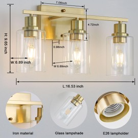 FILIMITIY 3-Lights Gold Bathroom Light Fixture, Brushed Brass Vanity Light with Clear Glass Shade, Modern Bath Wall Lights for Living Room, Hallway, Bedroom