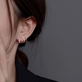 Reffeer Solid 925 Sterling Silver Half Hoop Earrings Wrap for Women Teens Cuff Earrings Piercings Studs (D-Rose Gold)