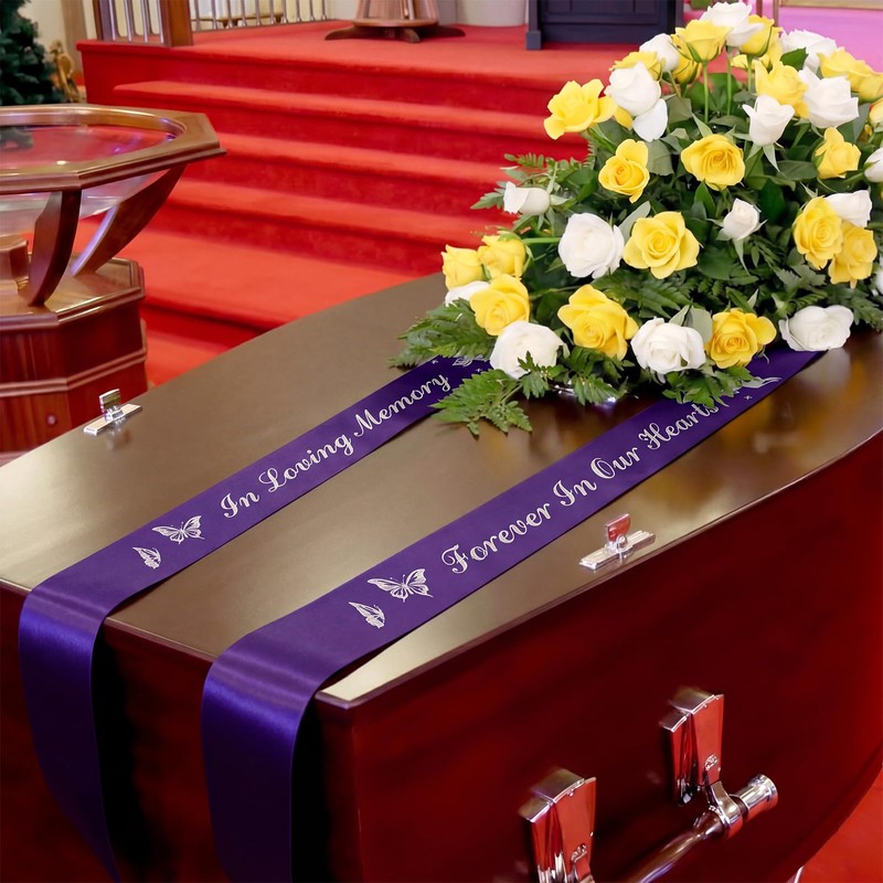 2 Pcs 63x3.8'' Memorial Funeral Sash with Pin, White,Purple, Delicate