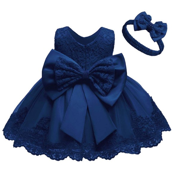 0-2T - Vestido de encaje con lazo grande para niñas pequeñas y niñas, Azul marino, 12-18 Meses