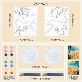 WEBEEDY Summer Beach Pre Drawn Canvas 8x10 Inch Couples Canvas Painting Art Date Night Paint Party Kit,Coco Paint and Sip Kit for Adults Date Night Valentine's Day Anniversary, 2 Pack 20x25cm