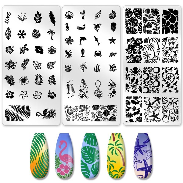 beinkmake 3Pcs Tropical Floral Plant Nail Stamping Plate French Tip