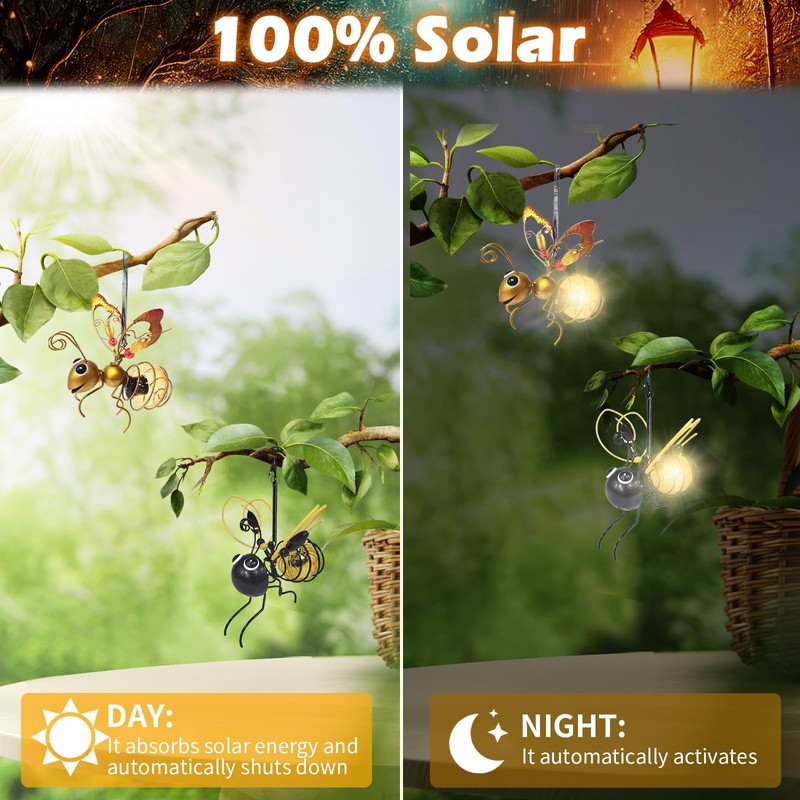 Hanging Solar Bee Light, 2pcs Solar Lanterns for Outside, 2025