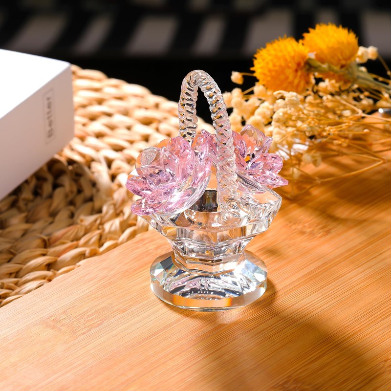 Crystal Pink Rose Flower Basket Collectible Figurines Gifts for Women,