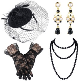 Bencailor 50s Fascinator Hat for Women Funeral Veil Hats Set Mesh Headpiece and Lace Glove Necklace Earring for Tea Party Cocktail(Floral Style)