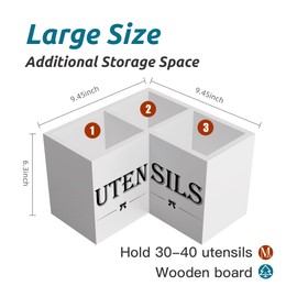 Suli Extra Large Kitchen Utensils Holder with 3 Compartments,Corner Utensil Caddy for countertop,Wooden Utensil Organizer for Kitchen Countertop, Farmhouse Decor- White