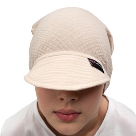 PinkZebra Muslin Headscarf with Visor for Baby, Children Girls & Boys, 0 Months to 7 Years, Summer Peaked Cap Lightweight and Breathable, Headscarf for Tying, beige, 0-12 months