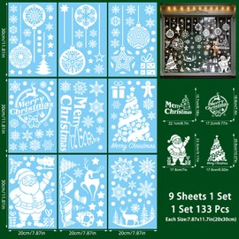GW Box 133 PCS Christmas Window Stickers Reusable, 9 Sheets Xmas Scene Clings Double-Side White Snowflake Stickers for Christmas Window Decorations