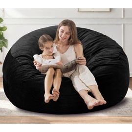 EDUJIN 6 ft Giant Bean Bag Chair: 6' Memory Foam Filled Bean Bag Chairs for Adults with Filling,Ultra Soft Dutch Velvet Cover,Round Fluffy Lazy Sofa for Living Room - 6 Foot Giant, Black