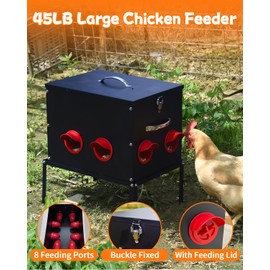 Automatic Chicken Feeder –45LB 8 Feeding Ports,Large Metal Chicken Feeders - No Waste Poultry Feeder with Locking Lid and Legs for Inside Coops
