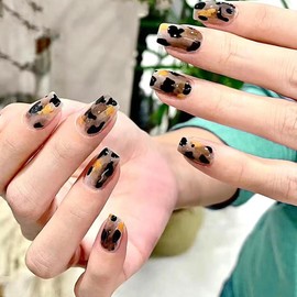 24 Pcs Leopard Coffin Press on Nails Medium Fake Nails, Reusable Glue on Nails Short Ballerina Nails Press ons, French Acrylic False Nails Full Cover Artificial Fingernails for Women
