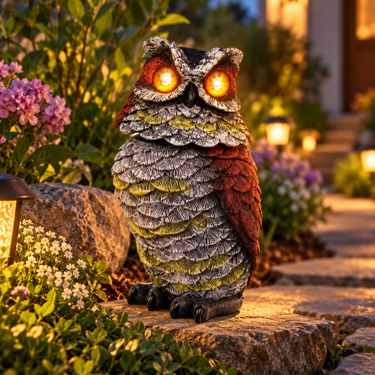 Solar Owl Bird Deterrent with Motion-Activated Sound & Flashing Eyes for Yards, Gardens, Farms & Orchards – Helps Protect Outdoor Areas