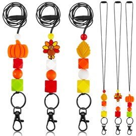 Qilery 3 Pcs 17'' Animal Bead Silicone Badge Lanyards for ID Badge Key Religious Teacher Breakaway Lanyard for Women Nurse(Turkey, Pumpkin, Maple Leaf)