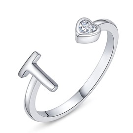 PEARLOVE Women's / Girls’ Letter Ring, 925 Sterling Silver, Adjustable Open Initial Rings for Women, Stackable Alphabet Rings from A to Z