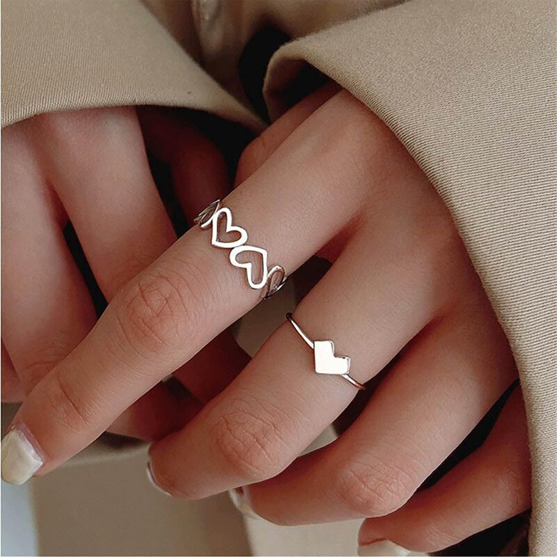 Cybche Boho Love Heart Rings Hollow Heart Knuckle Rings Silver