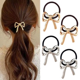ZHEJIA Bowknot Hair Rubber Scrunchie [Set of 4] Hair Elastic Hair Accessories, Hair Elastic with Ornaments, Non-Tracing, High Elasticity, Metal, Strong, Cute, Korean Style, Simplified, Elegant, Small