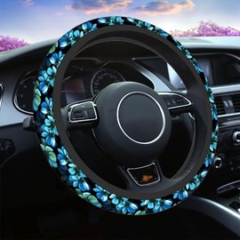 Swono Flowers Blue Car Steering Wheel Cover,Beautiful Blue Flowers On A Black Safe Driving Anti-Slip Steering Wheel Covers Steering Wheel Protection Case No Smell Universal 15 Inch