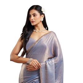 Accessorize Kingdom Women's Chiffon Two Tone Saree (With Blouse) (Silver, Free Size)