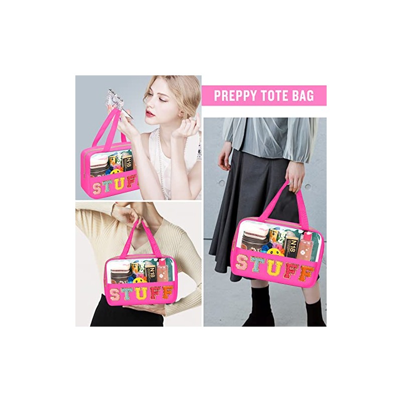 Bolsa de maquillaje transparente con letras de chenilla, bolsa de