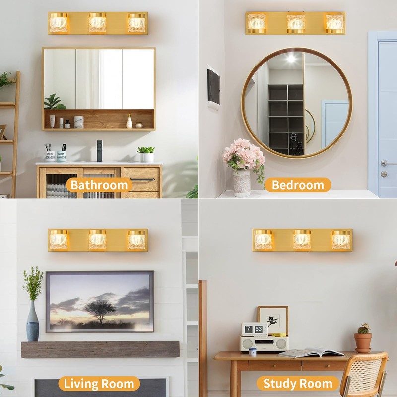 WILON 3-Light LED Vanity Wall Sconce, Gold Bathroom Lighting Fixture