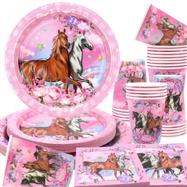 Obussgar Pink Horse Birthday Party Decorations for Girls - Cartoon Horse Party Accessories Including Plates, Cups, Napkins, Tablecloths for Girls Party Decorations (20)