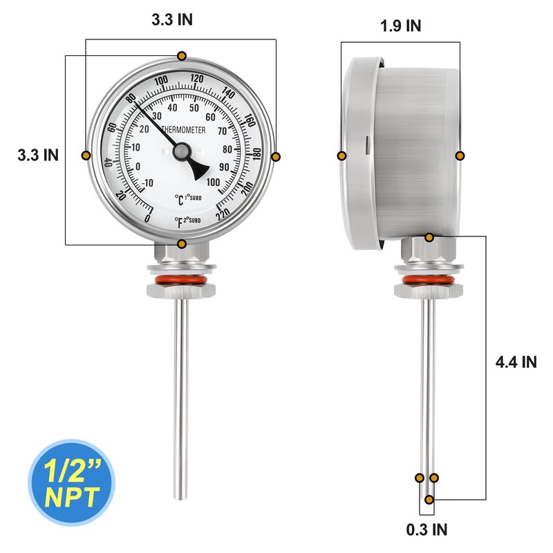 MEANLIN MEASURE 1/2" NPT Bimetal Thermometer for hot Water, boilers,