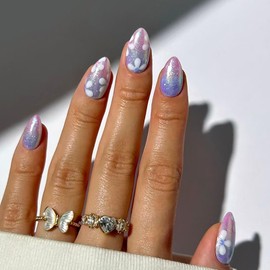 Short Press on Nails Almond Fake Nails Gradient Cat Eye Acrylic Nails Glossy Glue on Nails Pink Blue Ombre False Nails with White Flower Glitter Designs Artificial Stick on Nails for Women 24Pcs