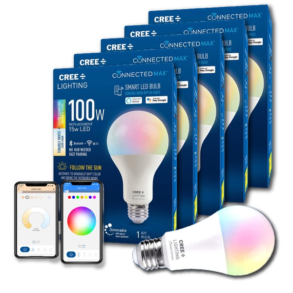 Cree Lighting Connected Max Smart Led Bulb A21 100W Tunable White + Color Changing, 2.4 Ghz, Compatible With Alexa And Google Home, No Hub Required, Bluetooth + Wifi, 5Pk