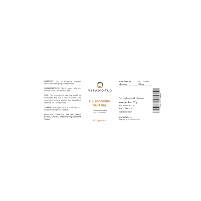 Vita World L-Carnosine 500mg 60 Capsules Made in Germany l