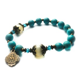 Turquoise and Mother of Pearl Stone Catholic Rosary Bracelet for Women with Virgin Mary Our Lady of Graces Medal Charm - Catholic Gifts Women