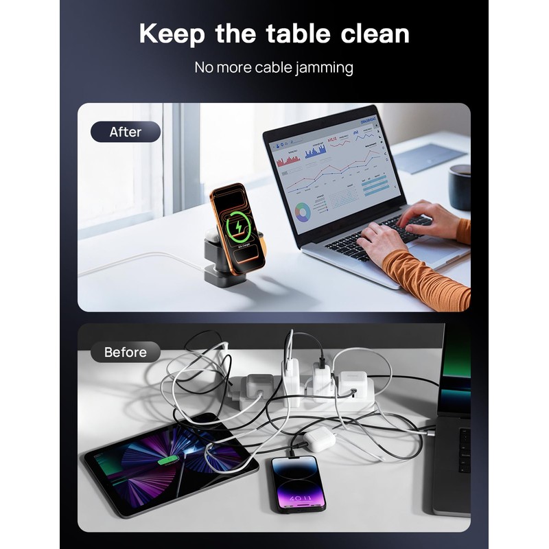 3 in 1 Wireless Charging Station, Wireless Charger with Night-Lamp