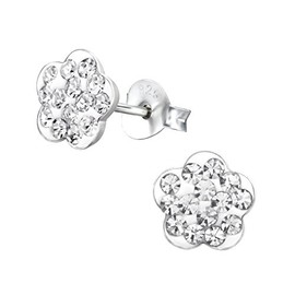 Sparkly Crystal Flower Stud Earrings, 925 Sterling Silver