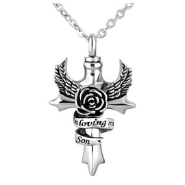 GMXLin Cross Cremation Jewelry Urn Necklace for Ashes Engraved Son Holder Angel Wings Rose Flower Memorial Keepsake Pendant with Chain Funnel