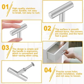 Firrepu 12 PCS T Bar Handle,Stainless Steel Cabinet Pulls,50mm Kitchen Cabinet Handles,Single Hole Drawer Knob Pulls,Furniture Knobs with Screws,for Cabinet Cupboard Wardrobes Bathrooms Doors,Silver