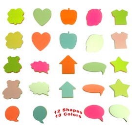 4A Shapes Sticky Notes,50 Sheets Neon Assorted and 50 Sheets Pastel Assorted in One Shape,12 Different Shapes Self-Stick Notes,50 Sheets/Pad,24 Pad/Pack,4A 50024