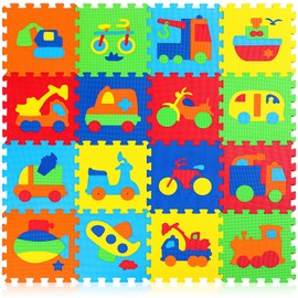 Mifoci 16 Pcs Foam Puzzle Floor Mat 11.8 x 11.8'' First Day of School Interlocking Transportation Foam Floor Play Puzzle Mat Tiles with Car Ship Train Plane Vehicle Non Slip Foam Mat Boys Girls