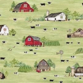 Riley Blake Barn Quilts CD11050 Green Barn Scenic