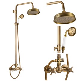 gotonovo Luxury Exposed Shower Faucet Set Bathroom Shower System 8 Inch Wall Mount Rainfall Shower Head with Handheld Spray Cross Double Handle Shower Fixture Adjustable Straight Rod Antique Brass