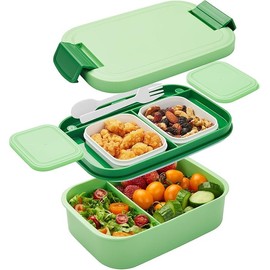 Bento Box Adult - Stackable Lunch Box Container with Removable Utensil Set for Women & Men, Leak-Proof, BPA-Free, Microwave & Dishwasher Safe - Ideal for Meal Prep, Work, School, and Trave(Green)