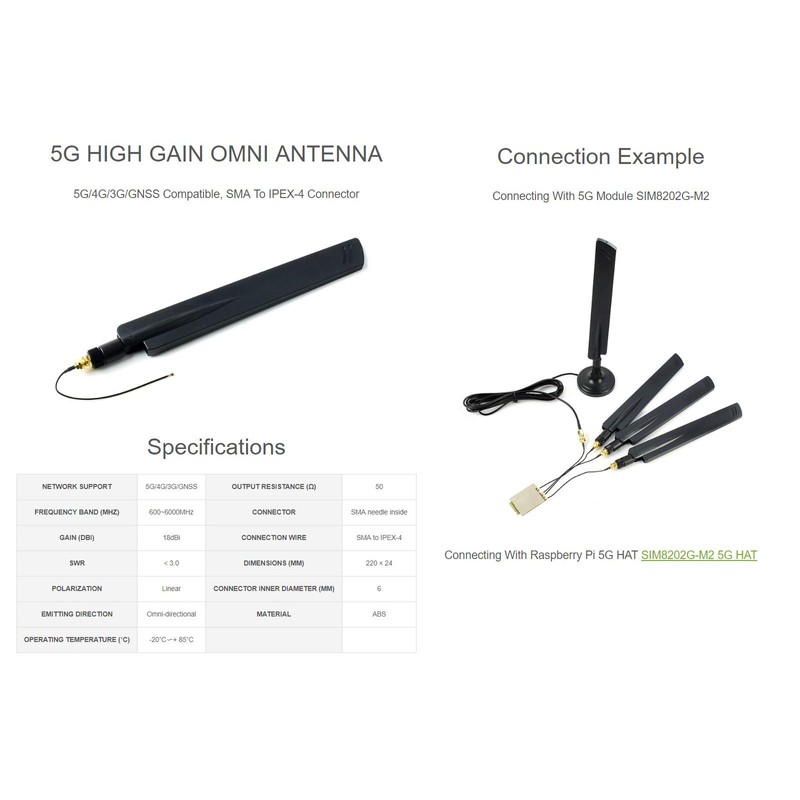 Waveshare 5G High Gain Omni Antenna Compatible with 5G/4G/3G/GNSS, SMA