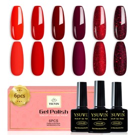 YSUVIN Smalto Semipermanente, 6 Colori Serie Rossa, Rosso Vintage Vino Glitterato Semipermanente Unghie Kit, Smalto Per Unghie Soak Off UV/LED Lampada Diy Manicure Nail Art Set, 8ml
