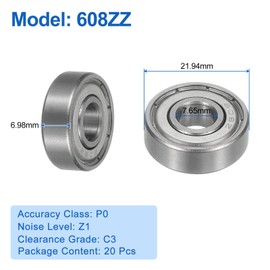 sourcing map 20 Pcs 608ZZ Deep Groove Ball Bearing, 7.65 x 21.94 x 6.98mm C3 Open Type Chrome Steel Bearings(P0)