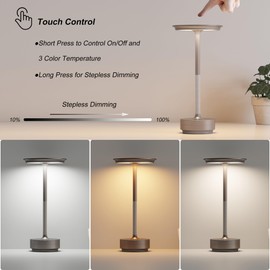 TBBGA 2 Pack Rechargeable Cordless Table Lamps, Portable 5000mAh Outdoor Table Light, 3 Color Stepless Dimming LED Table Lamp with Memory Function, for Home/Dinner/Patio/Restaurant.(Champagne Gold)